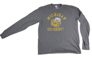Michigan Wolverines ’47 Brand Mens L Long Sleeve Shirt Retro Mascot NCAA Gray